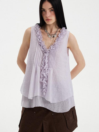 DIDDI MODA Blue Striped Lace Ruffle V-neck Women&