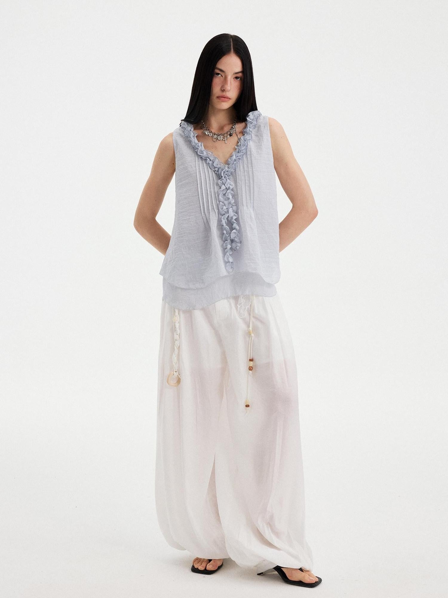DIDDI MODA Blue Striped Lace Ruffle V-neck Women&