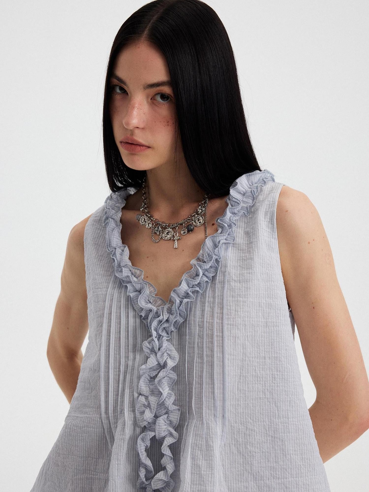 DIDDI MODA Blue Striped Lace Ruffle V-neck Women&