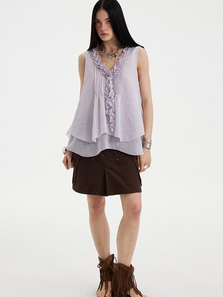 DIDDI MODA Blue Striped Lace Ruffle V-neck Women&