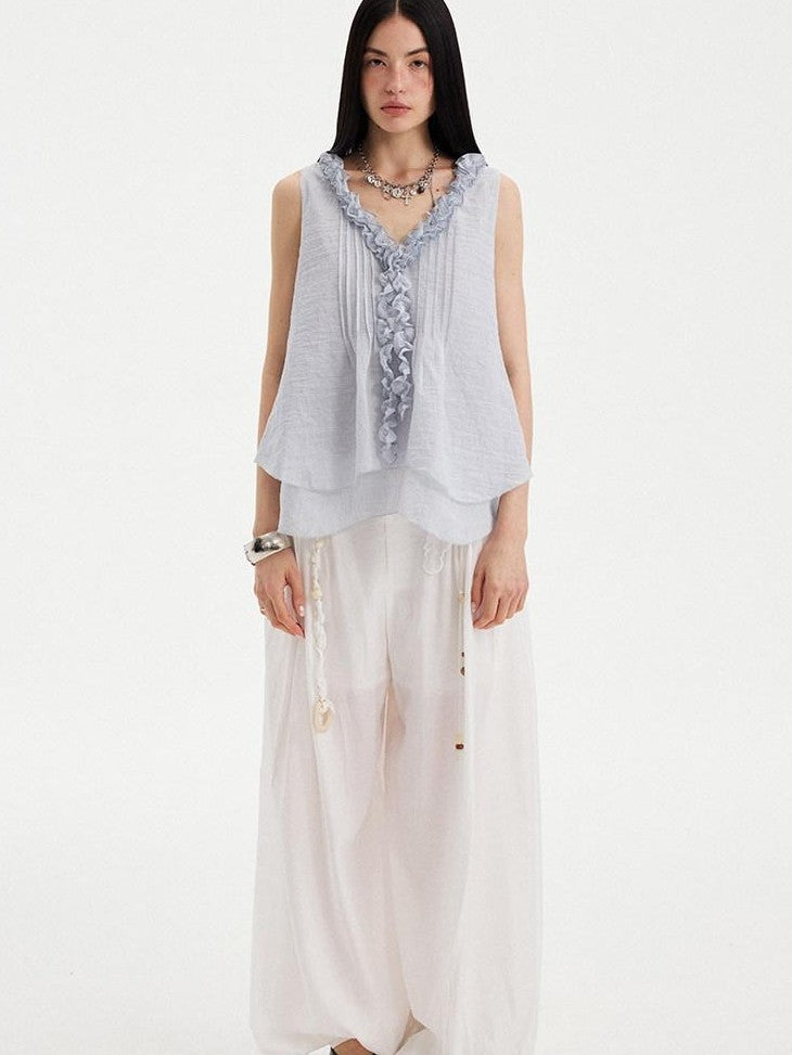 DIDDI MODA Blue Striped Lace Ruffle V-neck Women&