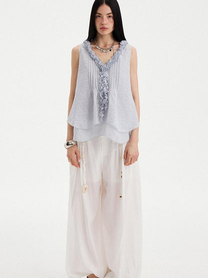 DIDDI MODA Blue Striped Lace Ruffle V-neck Women&