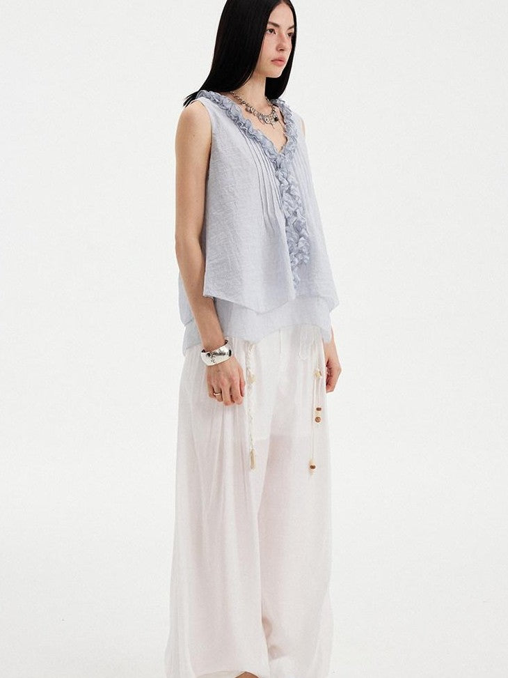 DIDDI MODA Blue Striped Lace Ruffle V-neck Women&