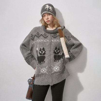 DIDDI_MODA_Boucle_Cat_Embroidered_Zipper_Slouchy_Women&