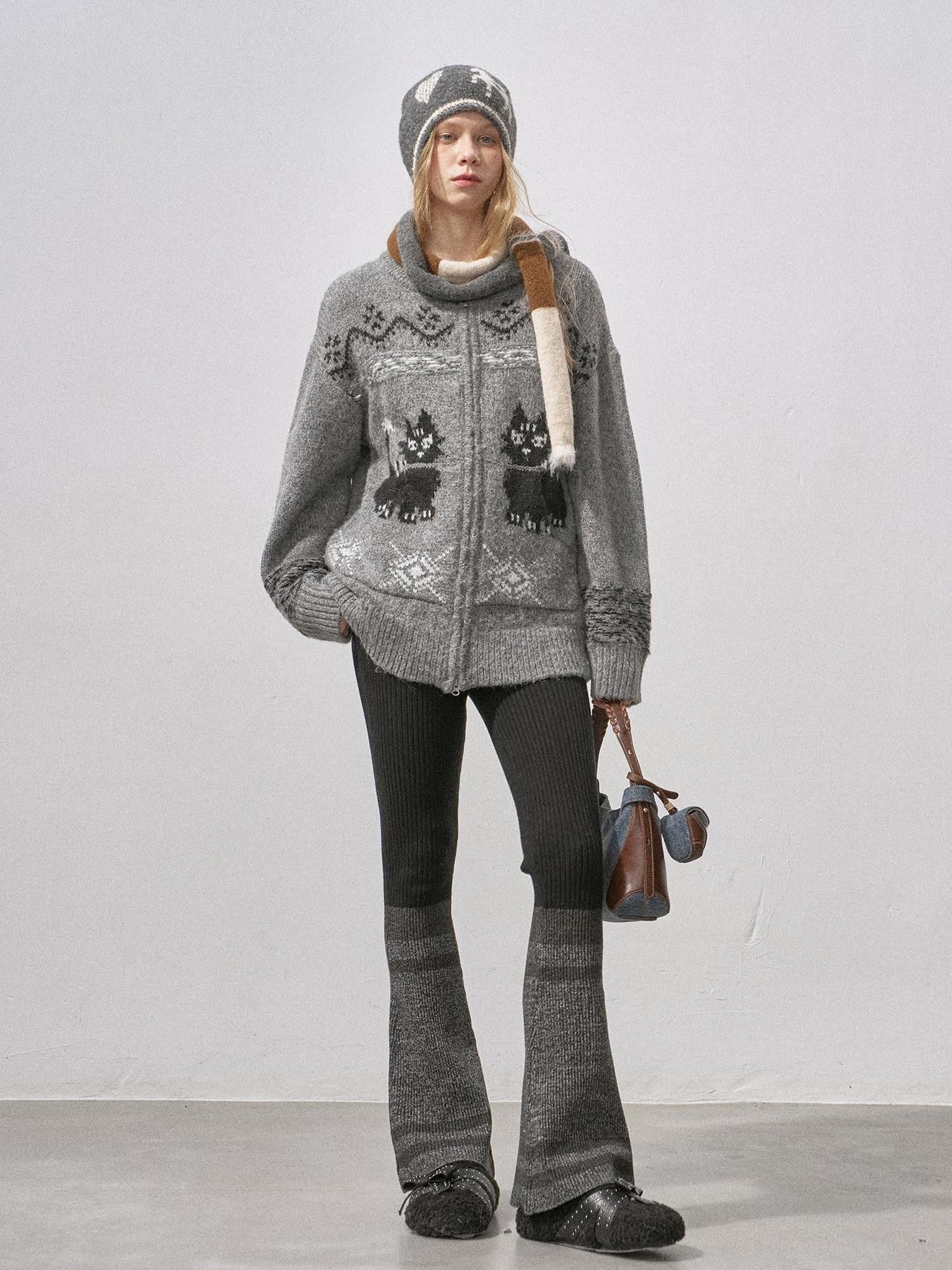 DIDDI MODA Boucle Cat Embroidered Zipper Slouchy Women&