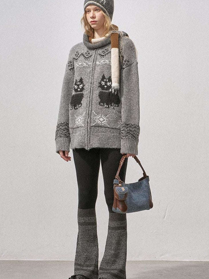 DIDDI MODA Boucle Cat Embroidered Zipper Slouchy Women&