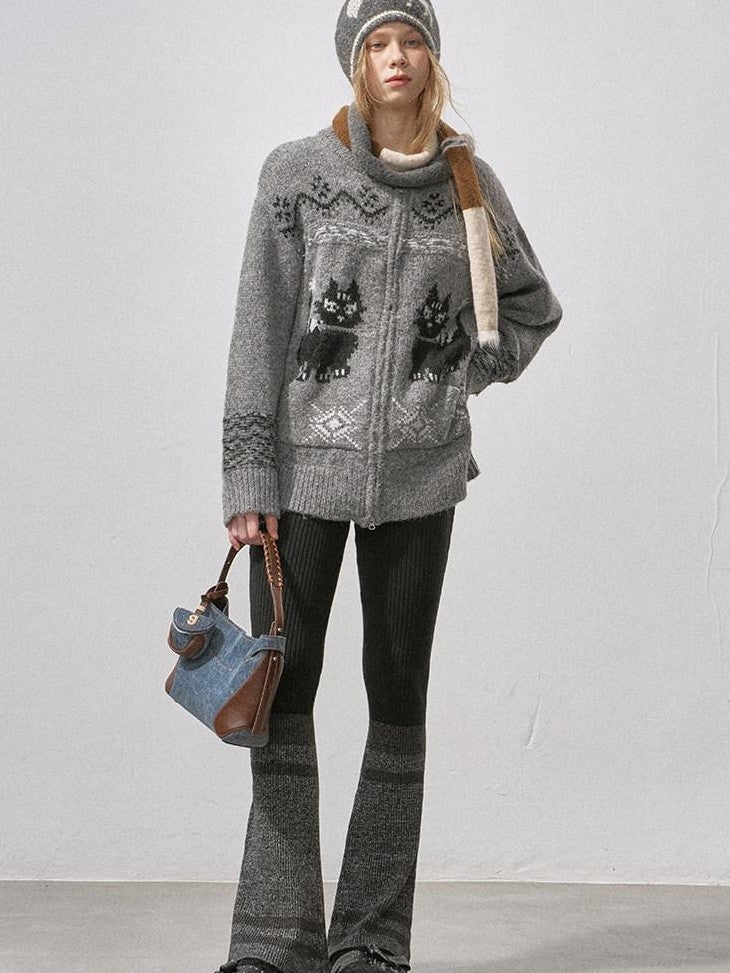DIDDI MODA Boucle Cat Embroidered Zipper Slouchy Women&