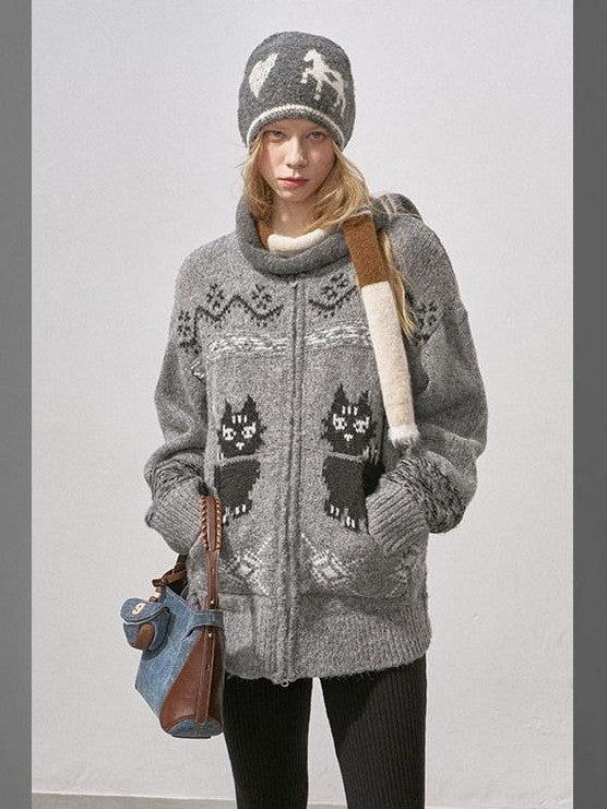 DIDDI MODA Boucle Cat Embroidered Zipper Slouchy Women&