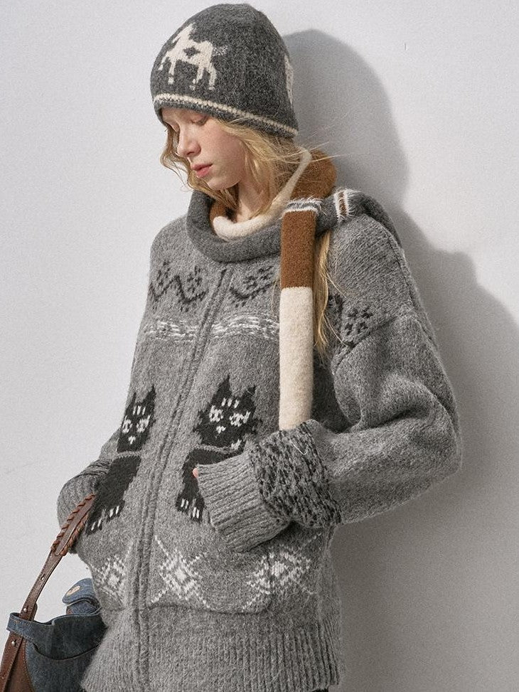 DIDDI MODA Boucle Cat Embroidered Zipper Slouchy Women&