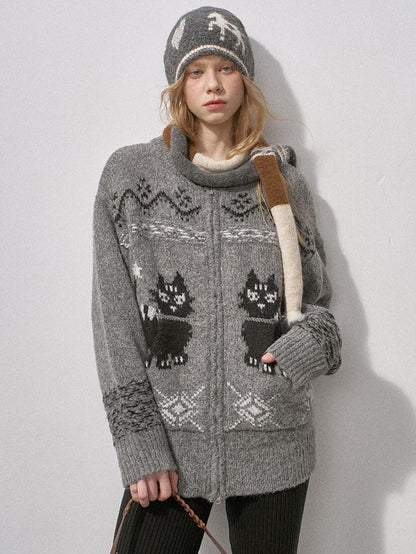 DIDDI MODA Boucle Cat Embroidered Zipper Slouchy Women&