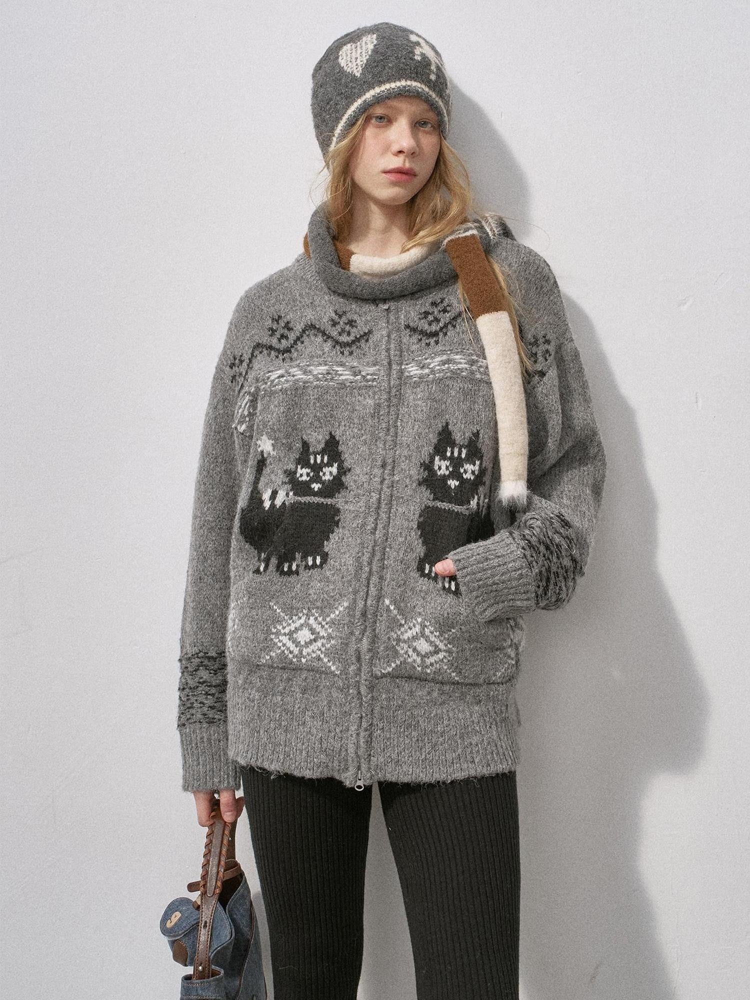 DIDDI MODA Boucle Cat Embroidered Zipper Slouchy Women&