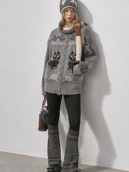 DIDDI MODA Boucle Cat Embroidered Zipper Slouchy Women&