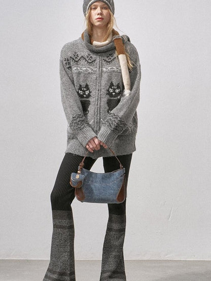 DIDDI MODA Boucle Cat Embroidered Zipper Slouchy Women&