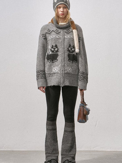DIDDI MODA Boucle Cat Embroidered Zipper Slouchy Women&