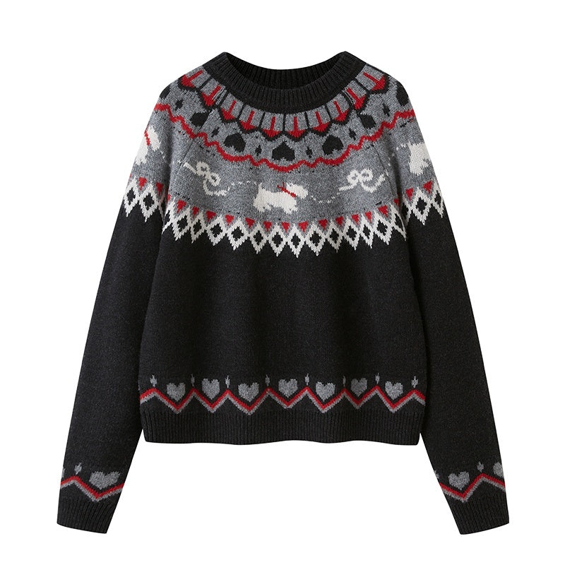 DIDDI_MODA_Bow_Dog_Jacquard_Drop_Shoulder_Loose_Women&