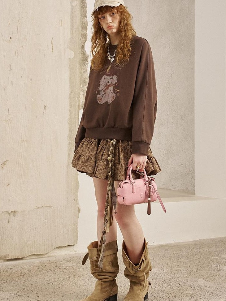 DIDDI MODA Bow Print Pullover Loose Fit Women&