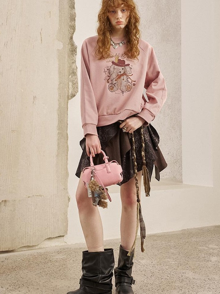 DIDDI MODA Bow Print Pullover Loose Fit Women&