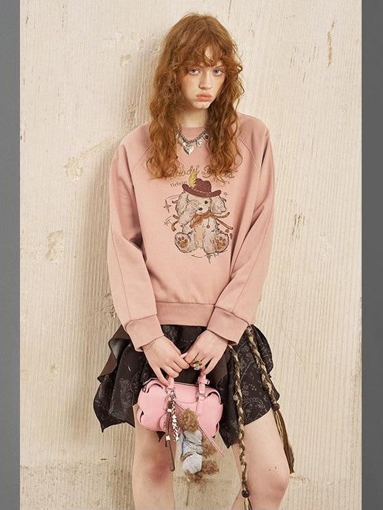 DIDDI MODA Bow Print Pullover Loose Fit Women&