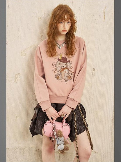 DIDDI MODA Bow Print Pullover Loose Fit Women&