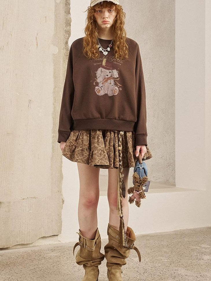 DIDDI MODA Bow Print Pullover Loose Fit Women&