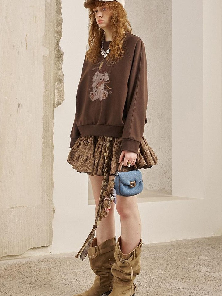 DIDDI MODA Bow Print Pullover Loose Fit Women&