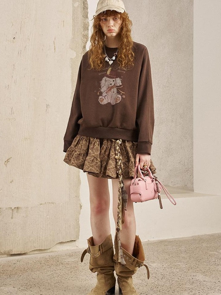 DIDDI MODA Bow Print Pullover Loose Fit Women&