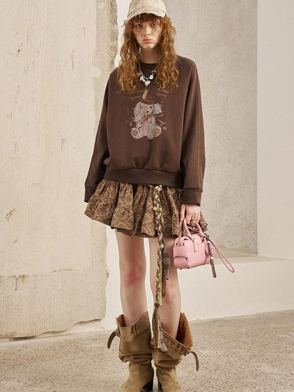 DIDDI MODA Bow Print Pullover Loose Fit Women&
