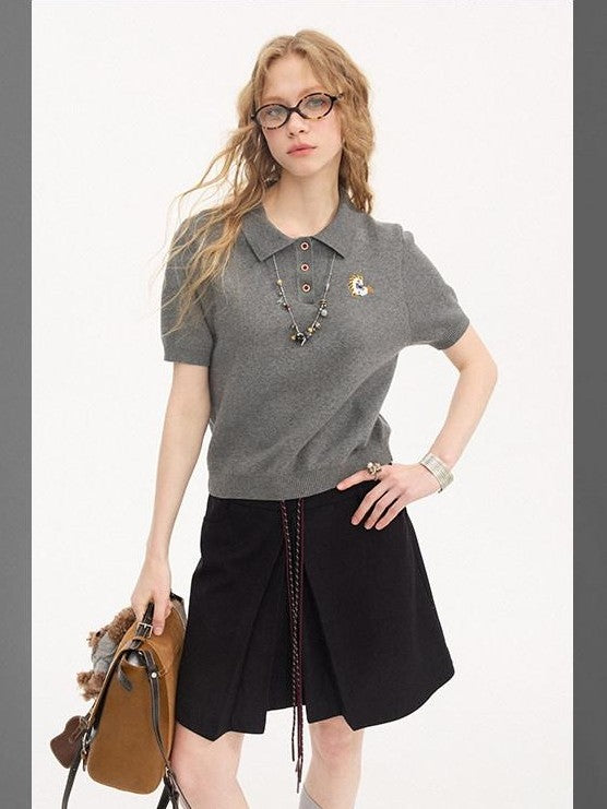 DIDDI MODA Braided Pony Embroidered Polo Collar Women&