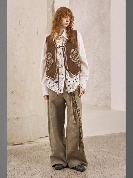 DIDDI MODA Brown Green Vintage Embroidered Botanical Floral Women&