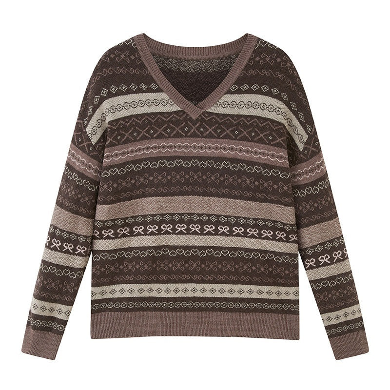 DIDDI_MODA_Brown_Jacquard_V-neck_Loose_Pullover_Women&
