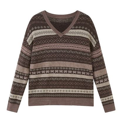 DIDDI_MODA_Brown_Jacquard_V-neck_Loose_Pullover_Women&