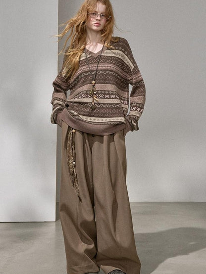 DIDDI MODA Brown Jacquard V-neck Loose Pullover Women&