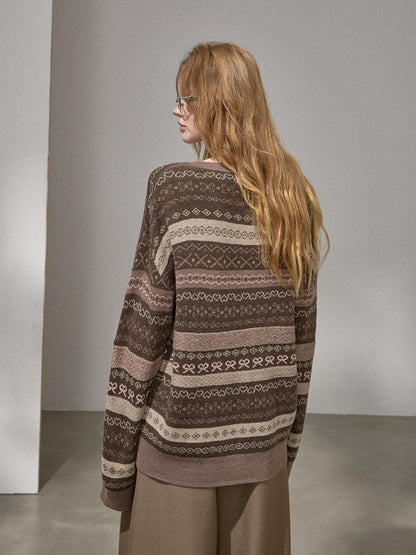 DIDDI MODA Brown Jacquard V-neck Loose Pullover Women&