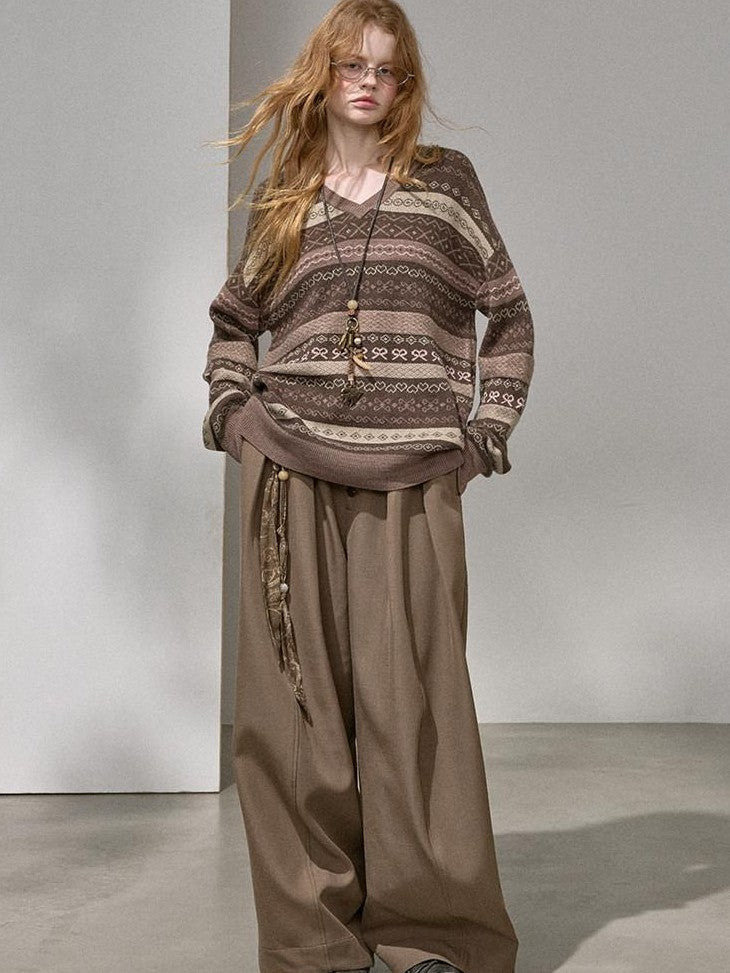 DIDDI MODA Brown Jacquard V-neck Loose Pullover Women&