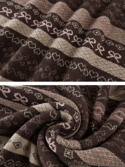DIDDI MODA Brown Jacquard V-neck Loose Pullover Women&