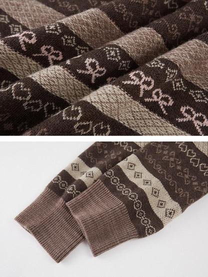 DIDDI MODA Brown Jacquard V-neck Loose Pullover Women&