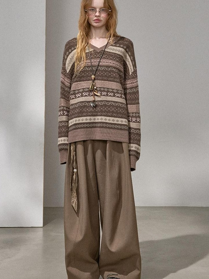 DIDDI MODA Brown Jacquard V-neck Loose Pullover Women&