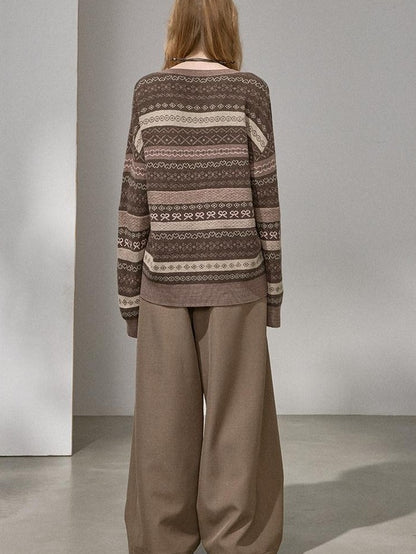DIDDI MODA Brown Jacquard V-neck Loose Pullover Women&