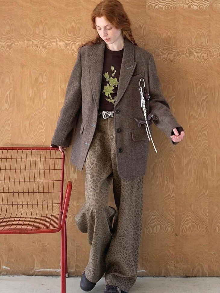 DIDDI MODA Brown Leopard Print Wide Leg Blazer Women&