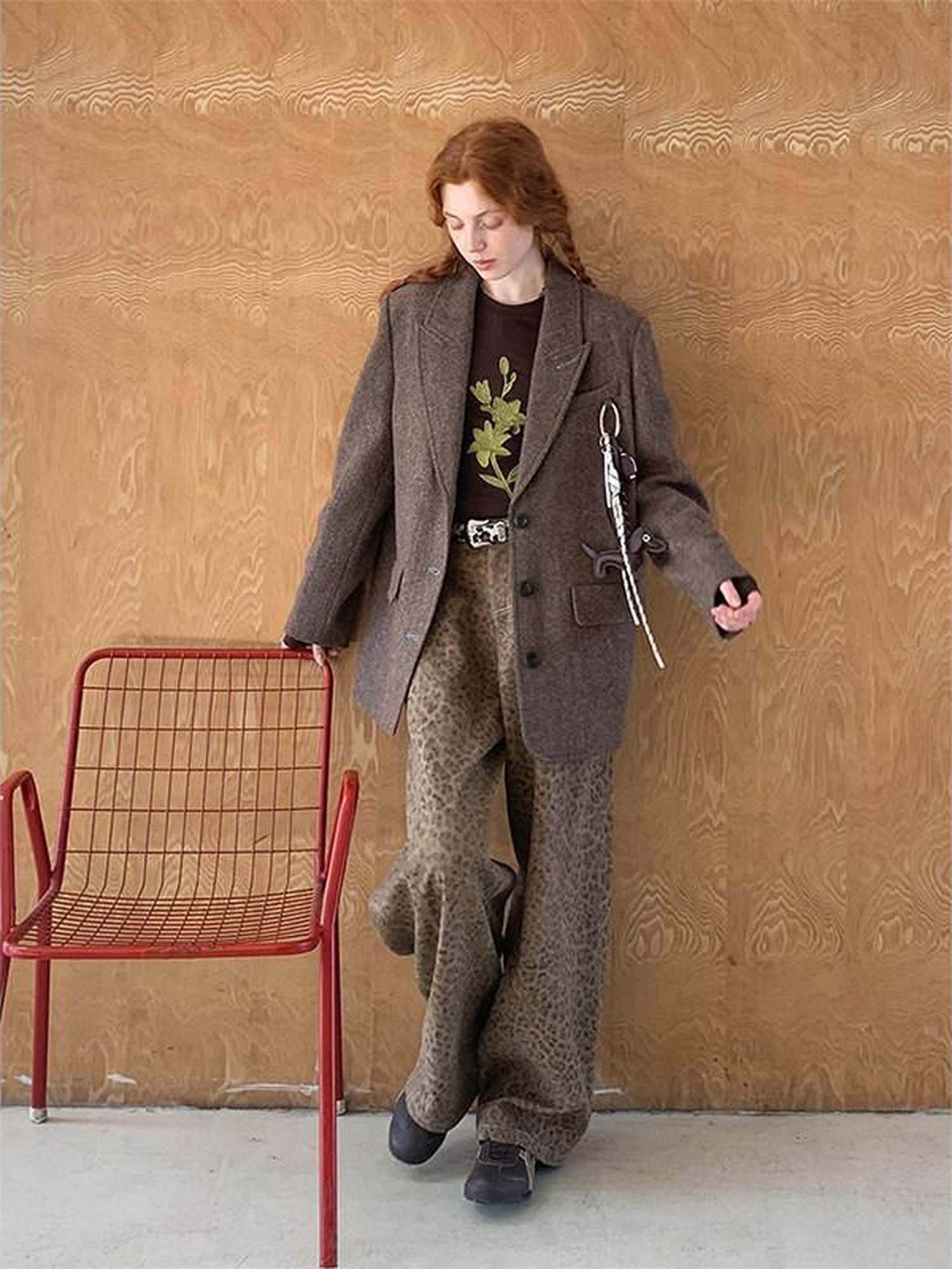DIDDI MODA Brown Leopard Print Wide Leg Blazer Women&