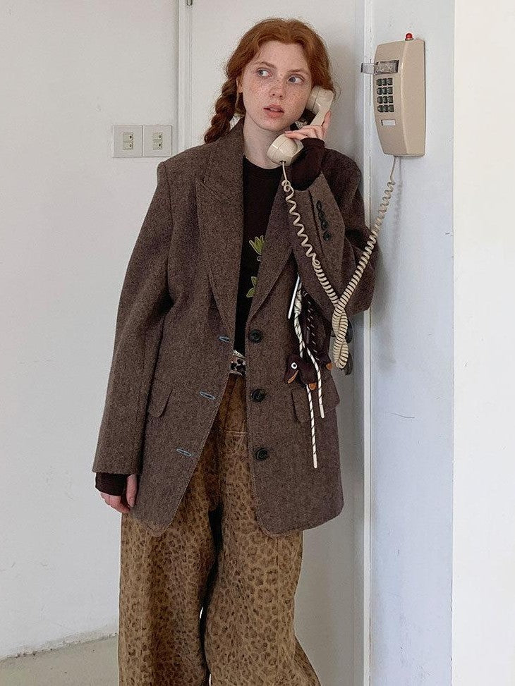 DIDDI MODA Brown Leopard Print Wide Leg Blazer Women&