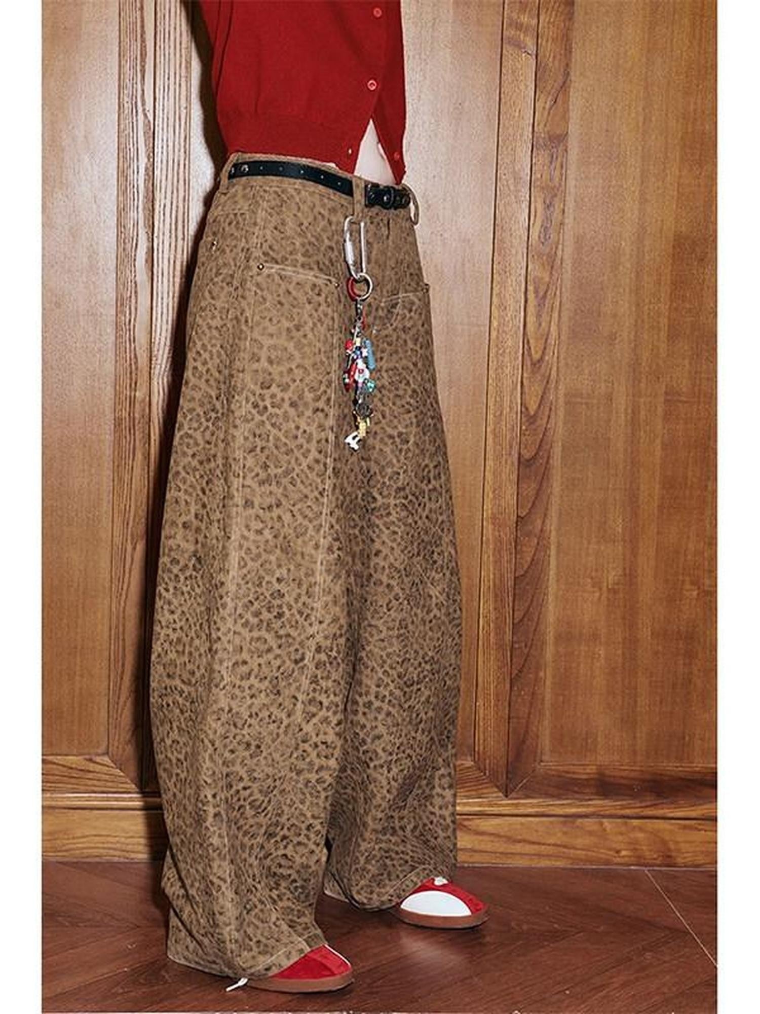 DIDDI MODA Brown Leopard Print Wide Leg Blazer Women&