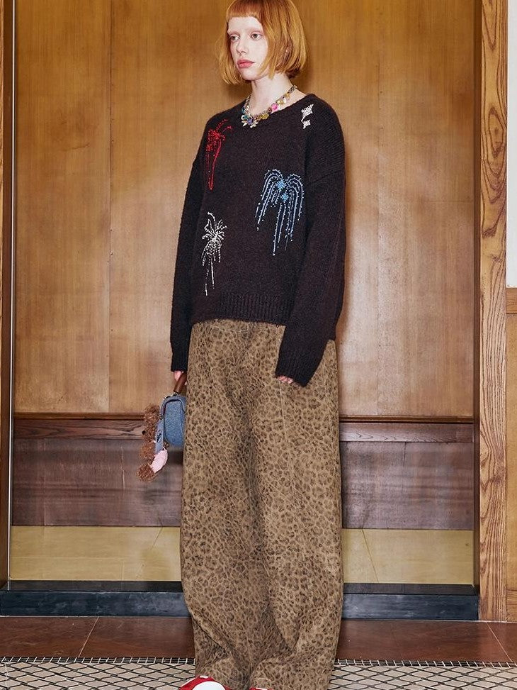DIDDI MODA Brown Leopard Print Wide Leg Blazer Women&