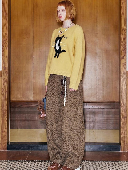DIDDI MODA Brown Leopard Print Wide Leg Blazer Women&