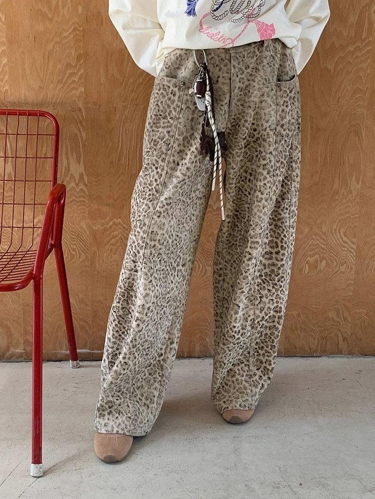 DIDDI MODA Brown Leopard Print Wide Leg Blazer Women&