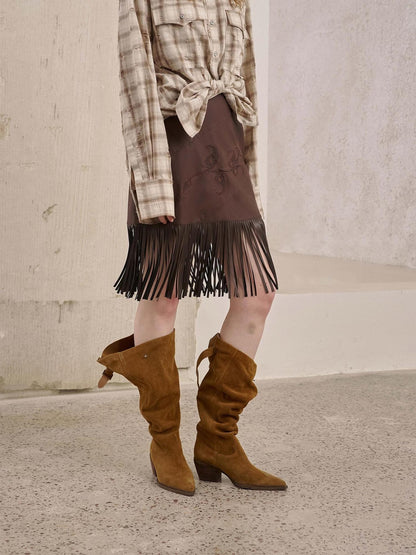 DIDDI MODA Brown Patch Embroidered Tassel Straight Mid Waist Women&