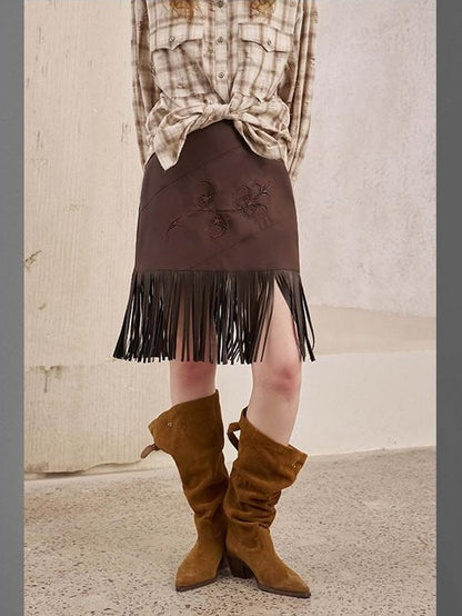 DIDDI MODA Brown Patch Embroidered Tassel Straight Mid Waist Women&