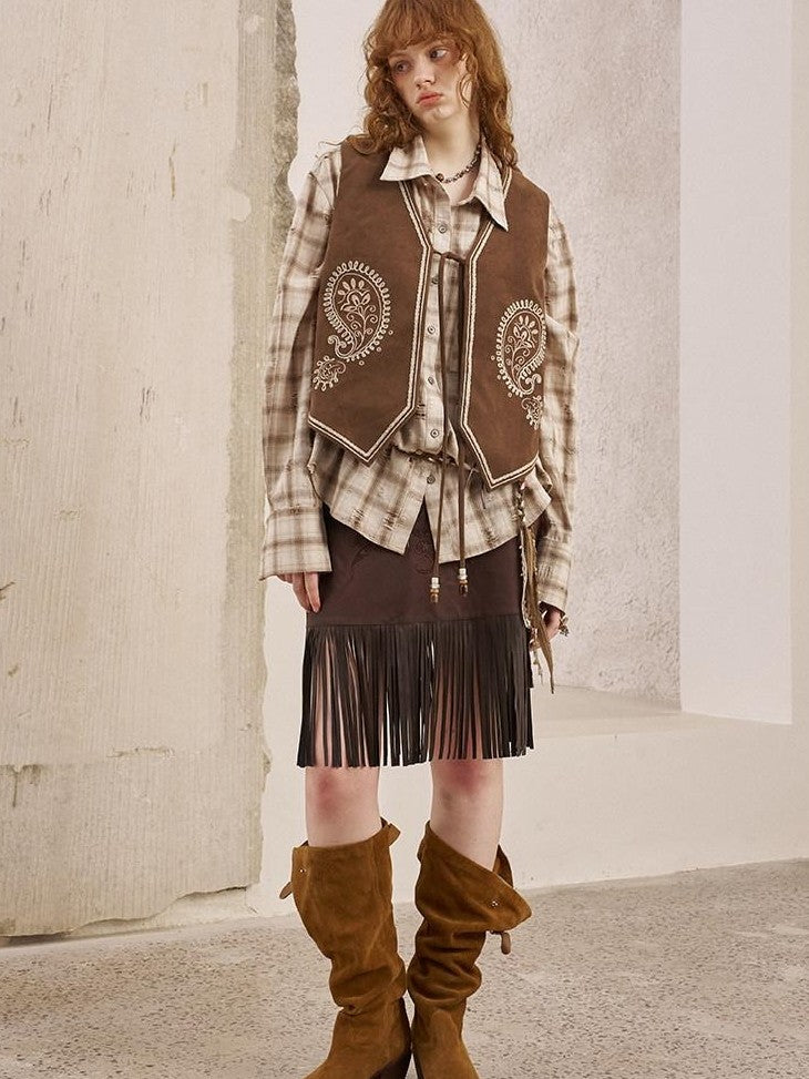 DIDDI MODA Brown Patch Embroidered Tassel Straight Mid Waist Women&