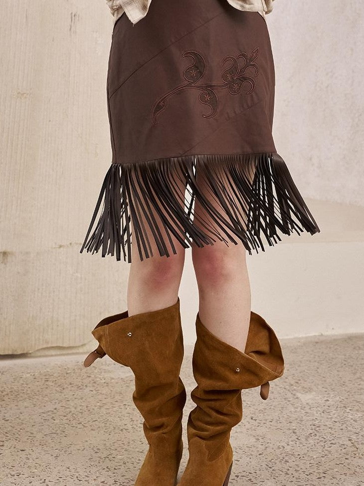 DIDDI MODA Brown Patch Embroidered Tassel Straight Mid Waist Women&