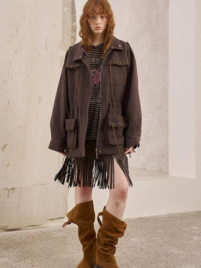 DIDDI MODA Brown Patch Embroidered Tassel Straight Mid Waist Women&